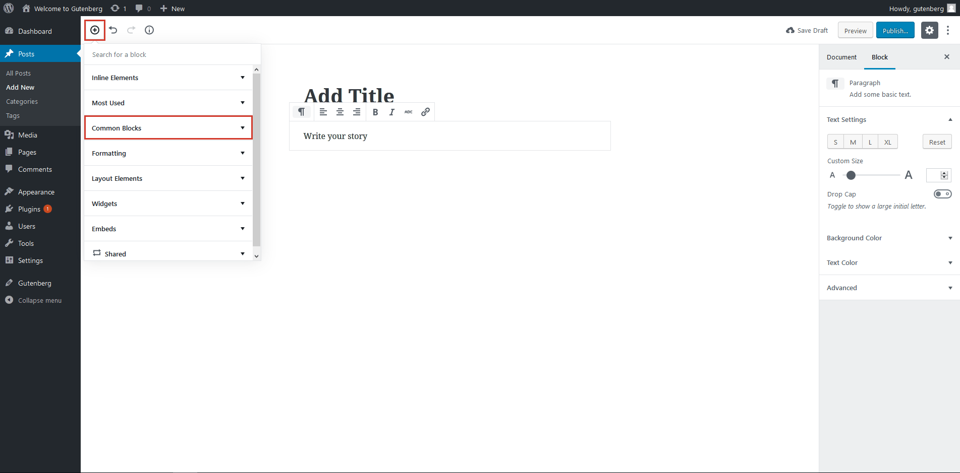 aggiungi blocco Gutenberg