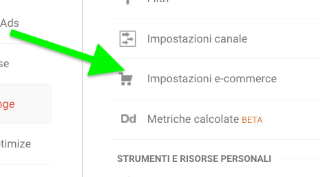 tracciamento ecommerce_Analytics impostazioni