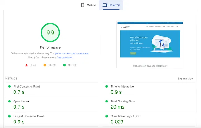 pagespeed test desktop WP assistenza