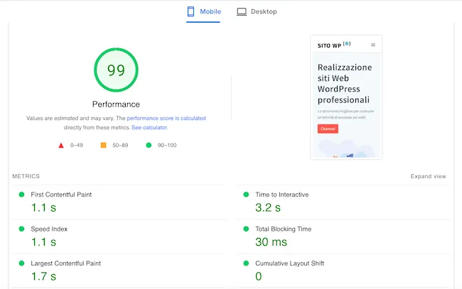pagespeed test mobile sito WP