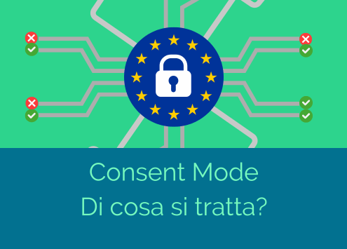 illustrazione del consent mode che rappresenta una bandiera dell'europa unita sovrastata da un lucchetto che blocca tutti i percorsi della rete internet sottostante