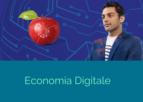 Un uomo osserva una mela rossa digitalizzata Economia digitale