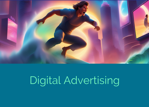 illustrazione che raffigura il digital advertising assimilandolo al surf. Patrick schwaize sul surf