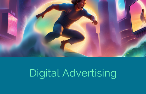 illustrazione che raffigura il digital advertising assimilandolo al surf. Patrick schwaize sul surf