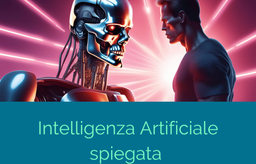 Intelligenza artificiale rappresentata da un cyborg somigliante a terminator di Skynet istruito da Arnold Schwarzenegger