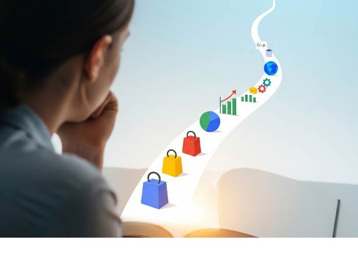 rappresentazione una persona che osserva un libro illustrato da cui si dipana un percorso di apprendimento su Google Shopping, da concetti base ad avanzati