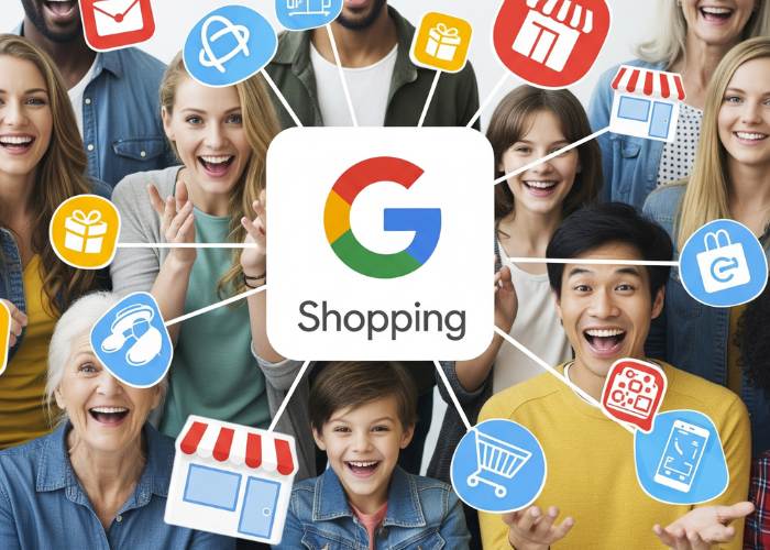 questa immagini rappresenta consumatori di google shopping sorridenti e il logo di Google shopping che riunisce tutti i tipi di prodotto e i supporti con cui posso raggiungerli