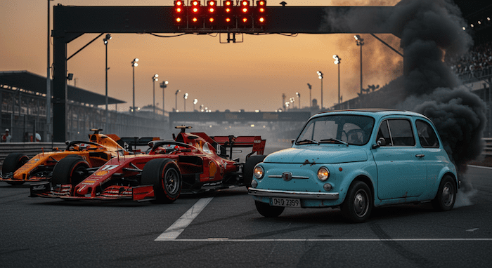 Una moderna Ferrari di Formula Uno, prevalentemente nera con accenti rossi e gialli e loghi degli sponsor, è posizionata alla sinistra di una Fiat 500 azzurra, un'auto compatta molto datata, che emette un denso fumo nero dal posteriore. La Ferrari di Formula Uno rossa presenta grandi pneumatici neri e un design elegante e aerodinamico. A sinistra di quest'auto, è visibile una porzione di un'altra auto di Formula Uno con colorazione arancione e nera. Sopra i due veicoli, un set di luci di partenza su una barra orizzontale nera mostra tutte le luci rosse accese. Il terreno è asfaltato con linee bianche chiaramente delineate. In lontananza, si vede una tribuna sfocata piena di spettatori sotto un cielo velato e arancione, con diverse luci di pista che illuminano la scena. L'auto compatta appare arrugginita e trascurata, creando un netto contrasto visivo con le moderne auto di Formula Uno.