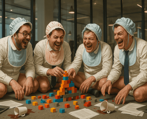 Un gruppo di moderni uomini d'affari vestiti da neonati – con pannolini, bavaglini e cappellini – è seduto sul pavimento di un elegante ufficio open space. Giocano con coloratissimi mattoncini, ridono e si comportano in modo infantile. L'ambiente è caratterizzato da pareti in vetro, computer portatili sparsi, tazze di caffè rovesciate e documenti aziendali gettati a terra. La scena è una satira sull'immaturità degli imprenditori di oggi. Stile realistico con toni leggermente esagerati e grotteschi. Illuminazione interna soffusa, dettagli molto curati.