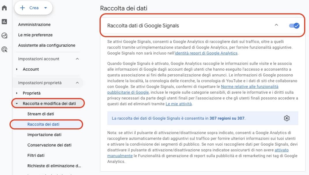 Sezione di amministrazione di GA4 per abilitare Google SignalsIMG 