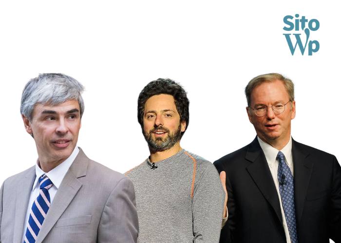 L'allora presidente e CEO Eric Schmidt (a destra) con i co-fondatori Sergey Brin (al centro) e Larry Page (a sinistra) nel 2008.