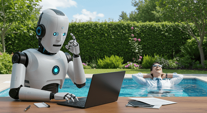 Immagine fotografica che rappresenta l'errata convinzione comune che una volta lanciato un sito web, il lavoro sia finito e che il sito debba automaticamente "fare il suo lavoro". Un robot lavora, parlando con un cliente, guadagnando e sudando per lui, mentre l'uomo d'affari sullo sfondo è in una piscina di un bellissimo giardino, rilassandosi in un bellissimo giardino verde e ridendo come un matto in una giornata di sole.