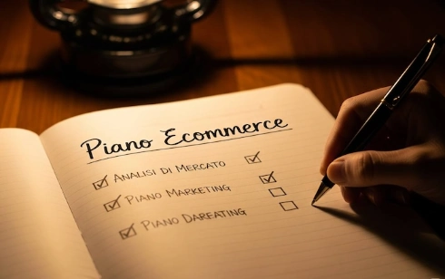 Una vista dall'alto di una scrivania di legno. Sulla scrivania, un blocco note con il titolo "La mia idea di Ecommerce" scritto a mano in un font amichevole. La pagina è piena di una checklist dei costi aziendali, come "Sito web", "Branding", "Marketing", con piccoli scarabocchi accanto. Le mani di una persona tengono una penna sopra il blocco note. Accanto, una tazza di caffè e un computer portatile. L'atmosfera è creativa, positiva e accessibile, non aziendale.