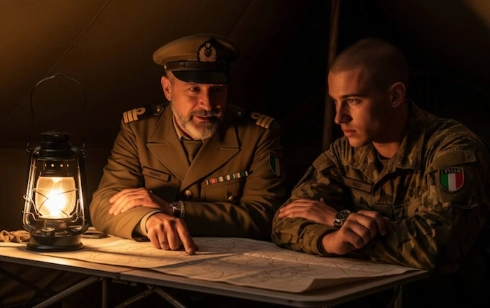 Un capitano esperto dell'esercito italiano, con un'espressione calma e autorevole, indica una mappa strategica per un giovane soldato determinato. Il soldato ascolta con intensa concentrazione. Si trovano all'interno di una tenda da campo tattica, illuminata da una lanterna, che crea un effetto cinematografico di grande impatto. L'atmosfera è seria e d'impatto, fotorealistica.