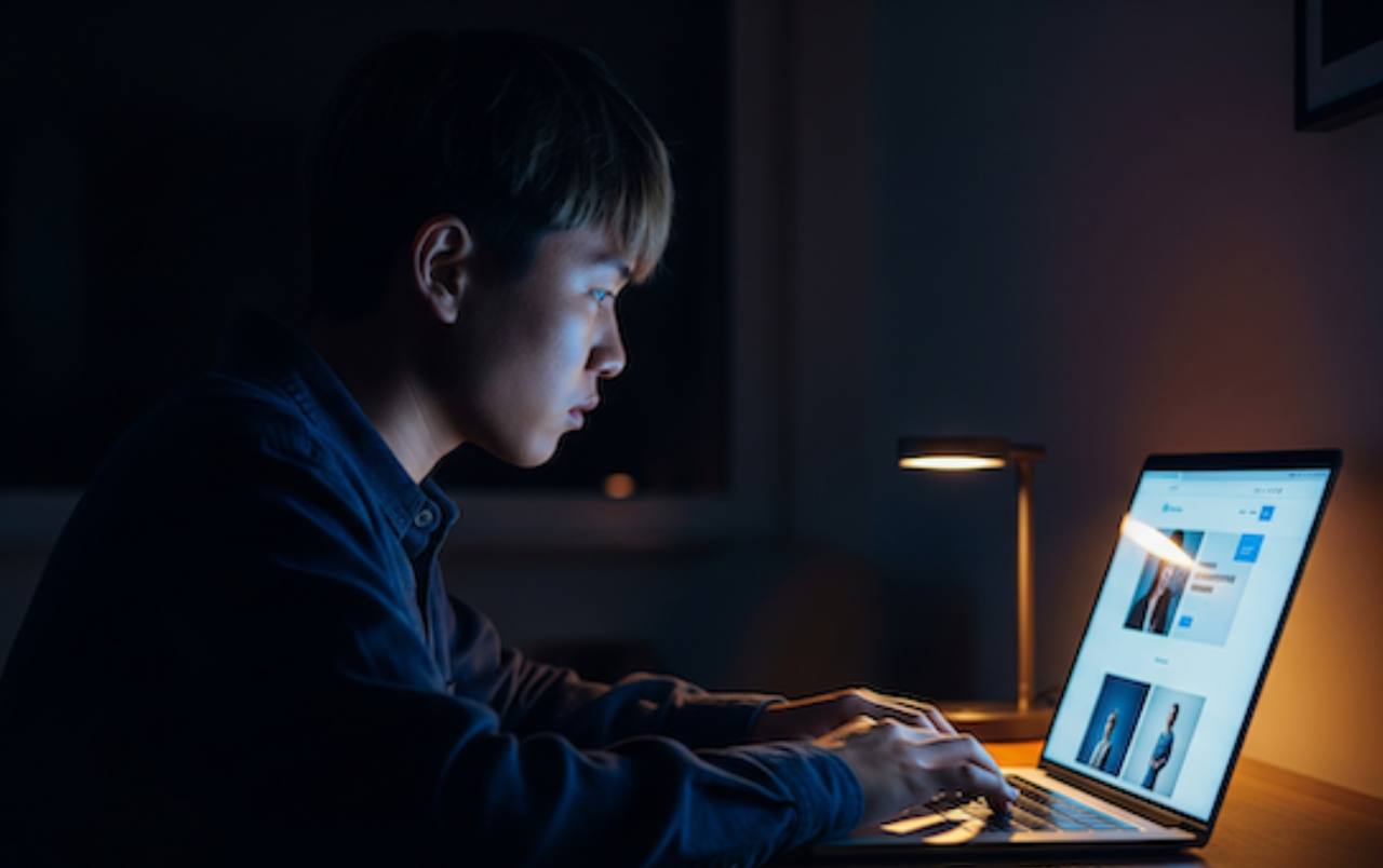 Giovane uomo seduto in ufficio crea al computer il suo nuovo sito ecommerce