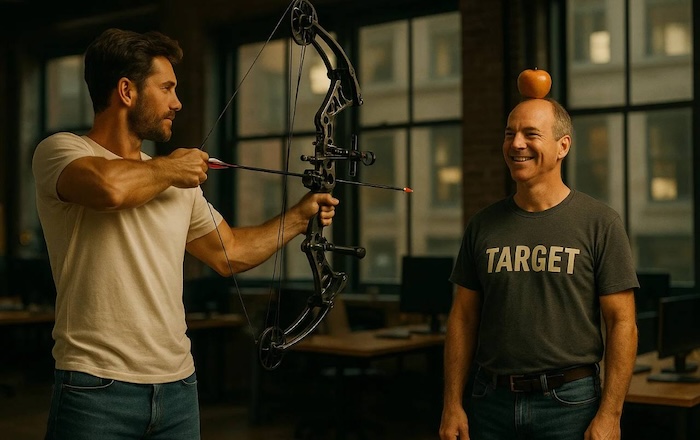 Come un imprenditore cerca il suo cliente ecommerce Un'immagine cinematografica di un uomo vestito con una maglietta bianca da spiaggia e jeans casual che tiene in mano un arco scintillante e tecnologico. Ha appena scoccato una freccia che si è fermata al centro di una mela posizionata sulla testa di un uomo dall'altra parte dell'ufficio. L'uomo di mezza età ha un'espressione sorridente e indossa una maglietta con la scritta "Target" e un paio di jeans.
