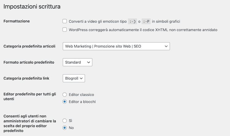 Questa immagine mostra la schermata impostazioni scrittura WordPress