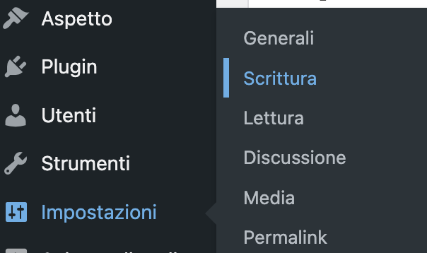 Questa schermata mostra il comando per raggiungere  impostazioni scrittura wordpress